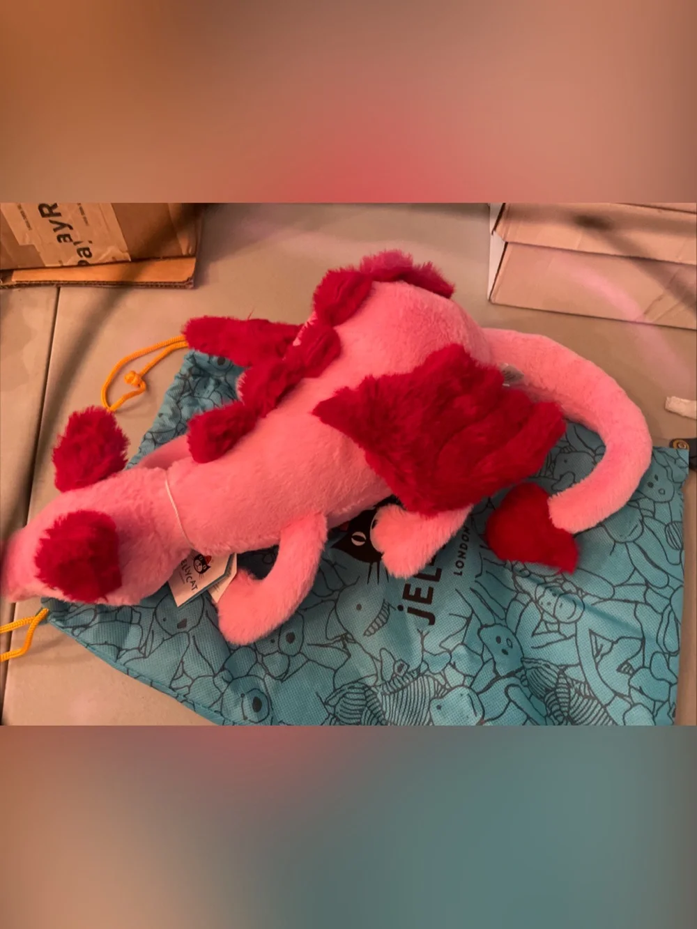 New JellyCat NWT Pink Plush Dragon Plushie with Red Accents valentines